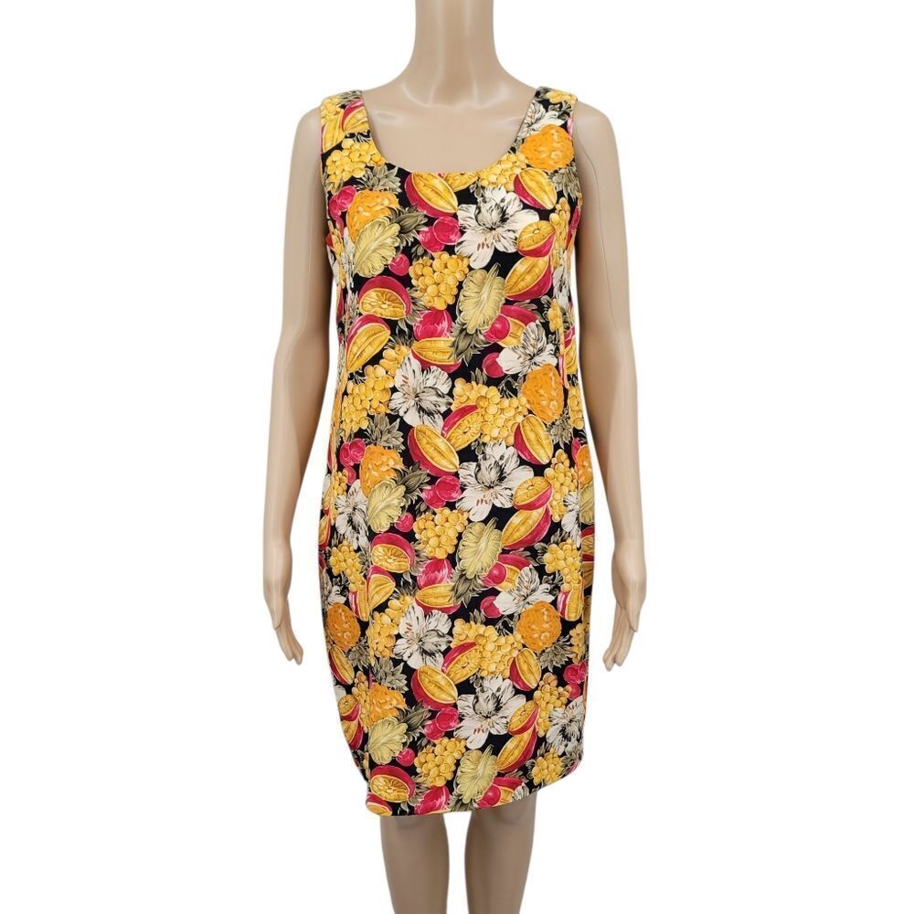 Liz Claiborne Silk Vintage Fruit Floral Shift Midi Dress Sleeveless